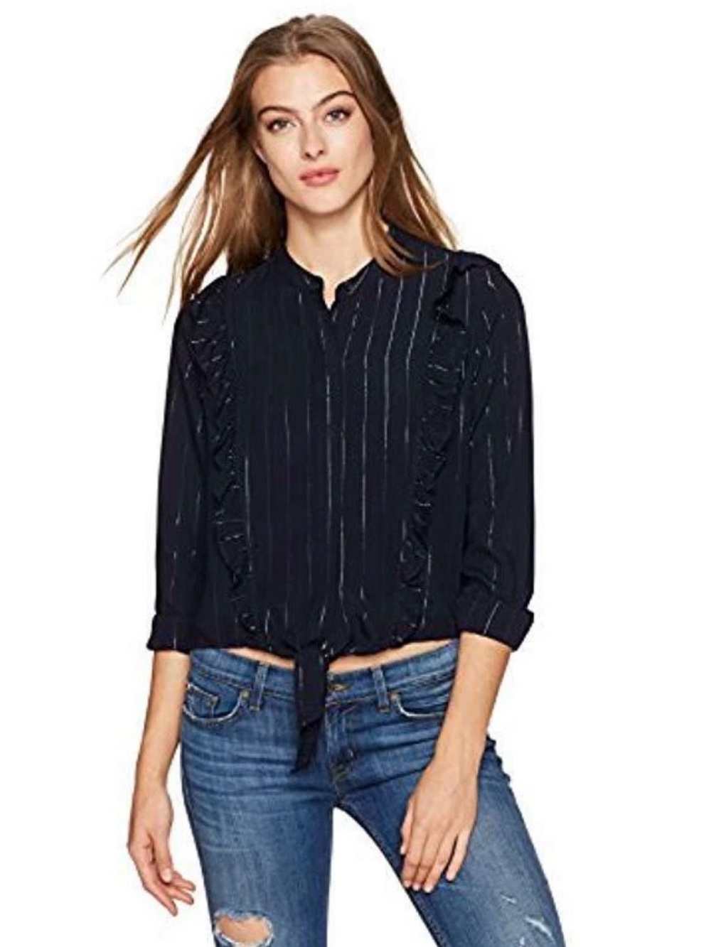 Rails Piper Blouse Navy Pinstripe Tie-Front Ruffle Blouse